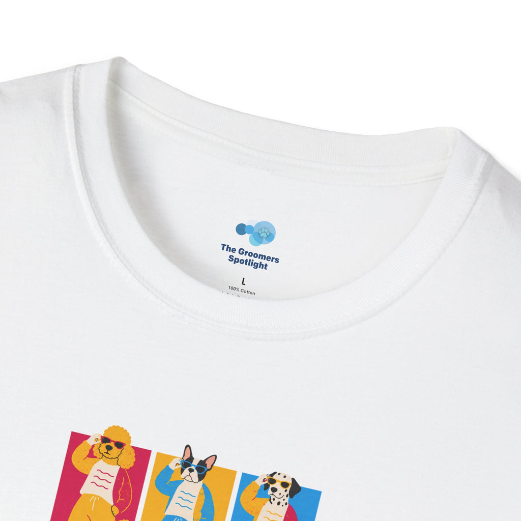 The Groomers Spotlight T-Shirt — Summertime Retro Canine Trio Tee